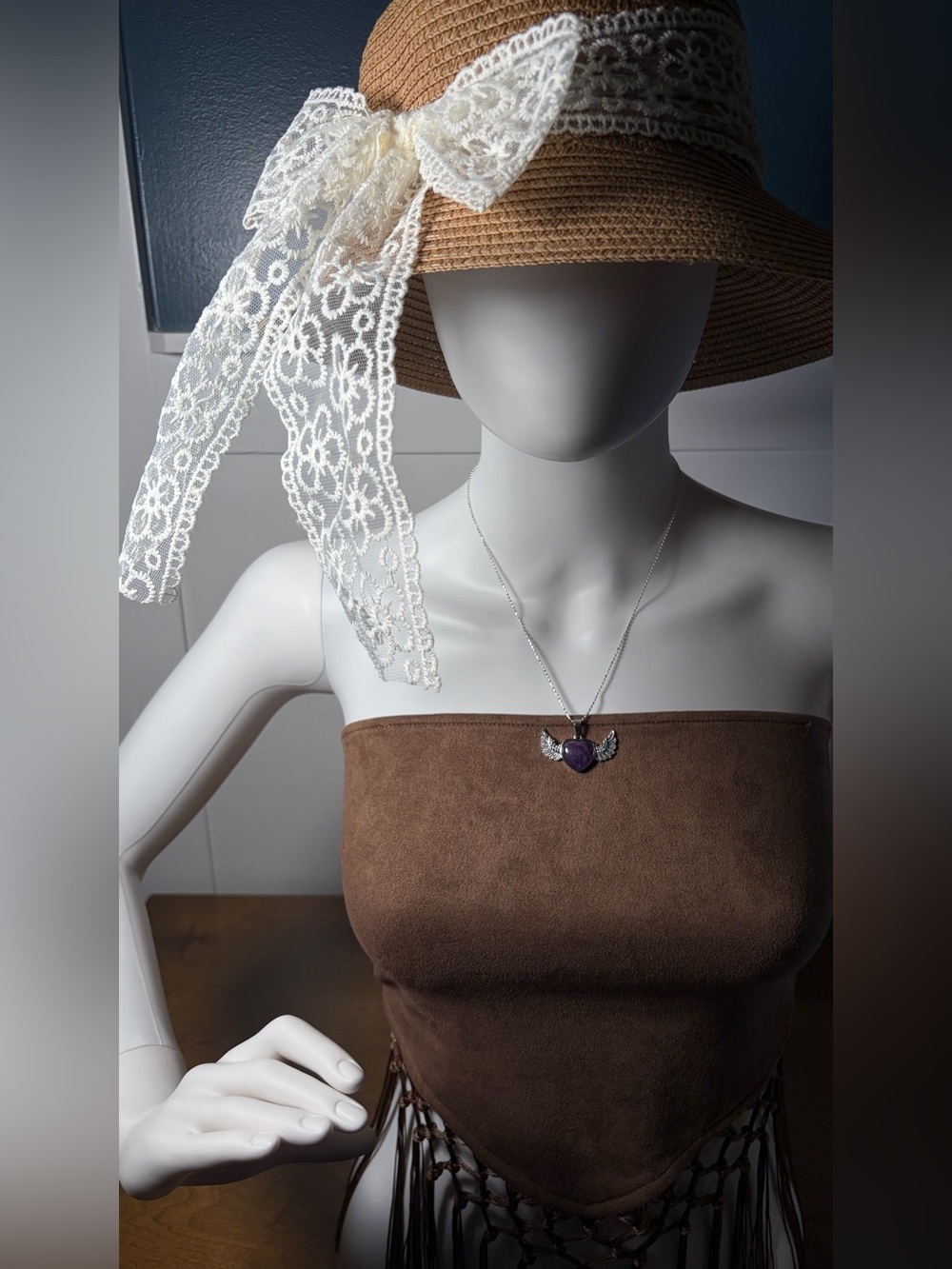 Amethyst Silver Winged Heart Pendant Necklace - Picture 5 of 13